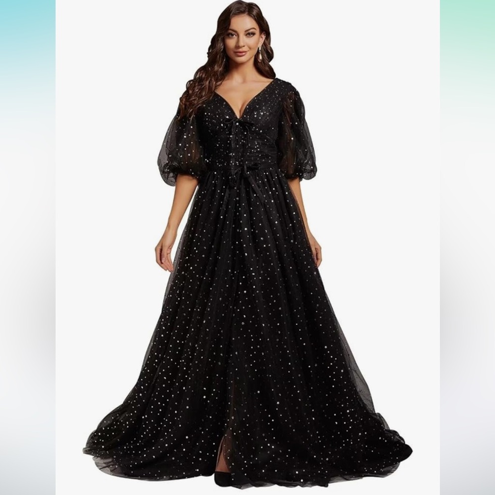 Black Starry Star Sparkle Tulle Ballgown Puff Sleeve Front Slit Sz 12 NWT